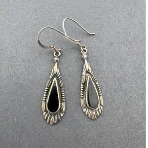 SU Sterling Silver Black Onyx Teardrop Dangle Earrings Southwestern 925 Vintage